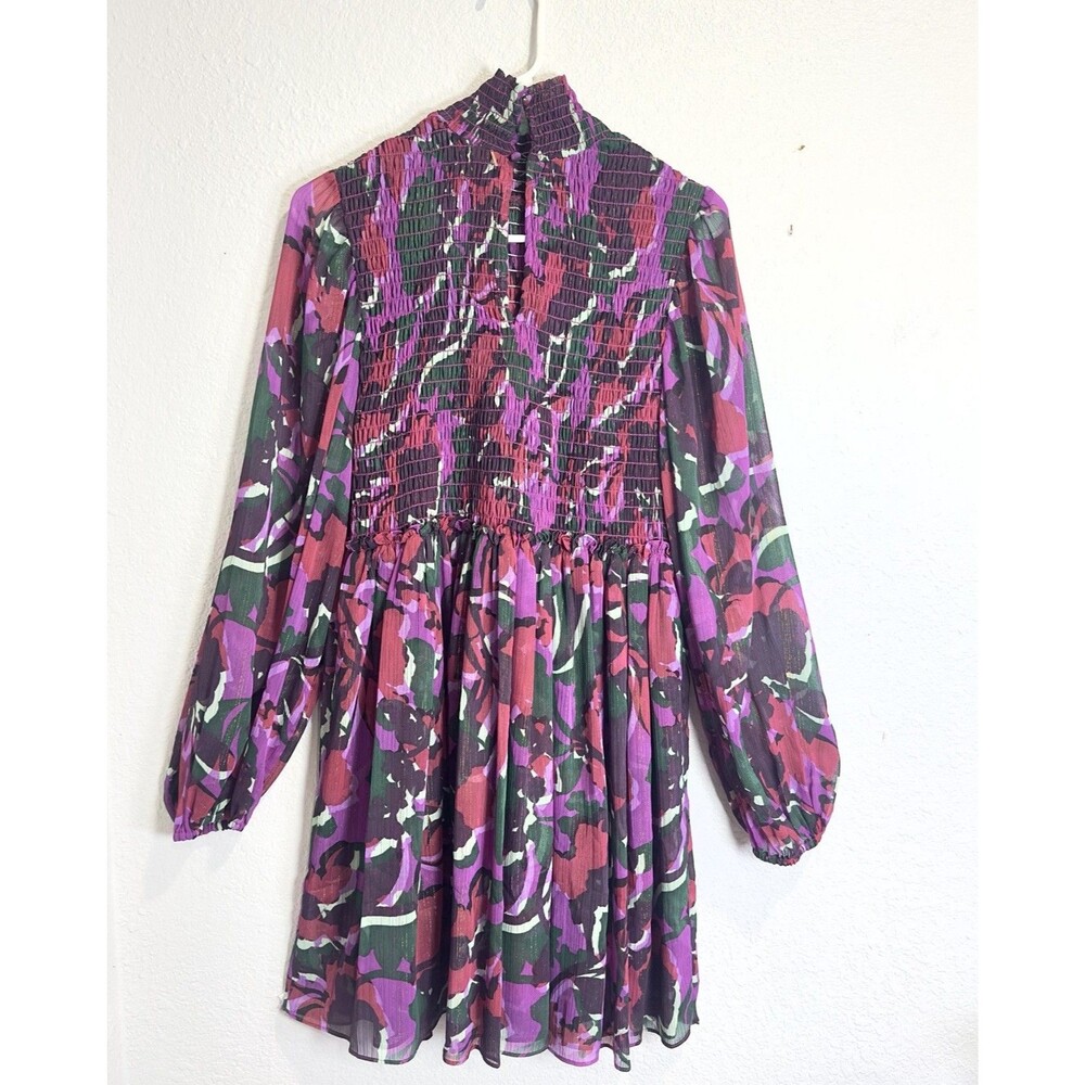 MISA Los Angeles Jessa Dress S Pink Purple Floral Lurex Smocked Mini Mock Neck - Picture 3 of 10